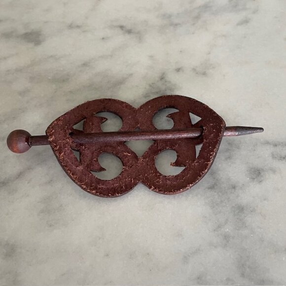 Artisan Hand Made Leather Barette with Wood Pin - NWOT - Picture 3 of 4